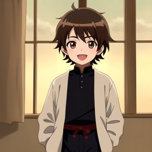 Little boy, dark brown hair, dark brown eyes, happy, medieval clothes, anime style.