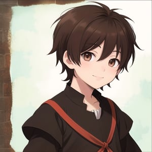 Little boy, dark brown hair, dark brown eyes, smiling slightly, medieval clothing, anime style.