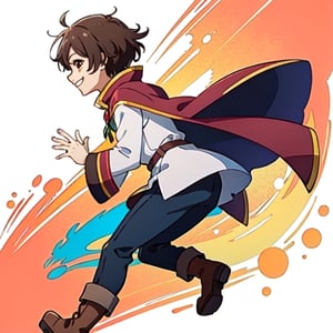 (masterpiece), high quality, 10 year old kid, solo, anime style, profile photo, looking front, only face, short hair, dark brown hair, calm look, smiling, white villager shirt, gray sleeves, red cape with white, black pants, brown boots, brown eyes dark