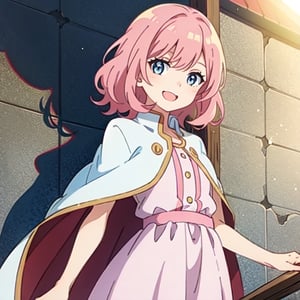 (masterpiece), high quality, 10 year old girl, solo, anime style, medium hair without cap, pink hair, happy look, white dress without details, pink cape, blue eyes, pink aura