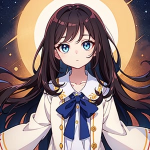 (masterpiece), high quality, 10 year old girl, solo, anime style, long hair, dark brown hair, peaceful look, white dress, high collar trench coat, blue eyes, glowing eyes, yellow aura