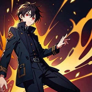 (masterpiece), high quality, 10 year old boy, solo, anime style, short hair, dark brown hair,  serious look, black coat, high-neck trench coat, black pants, red eyes, glowing eyes, red aura.