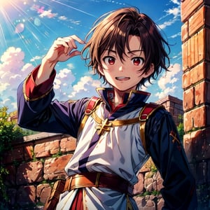 (masterpiece), high quality, 1 little kid, male, solo, anime style, very short hair, dark brown hair,   smile, white and red medieval boy clothes.