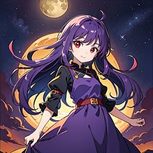 (masterpiece), high quality, 10 year old girl, solo, anime style, long hair, dark purple hair, happy look, purple villager dress, red eyes with some yellow, purple aura