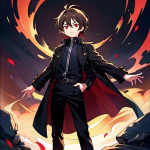 (masterpiece), high quality, 10 year old boy, solo, anime style, short hair, dark brown hair,  serious look, black coat, high-neck trench coat, black pants, red eyes, glowing eyes, red aura.