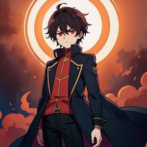 (masterpiece), high quality, 10 year old boy, solo, anime style, short hair, dark brown hair,  serious look, black coat, high-neck trench coat, black pants, red clothing details, red eyes, glowing eyes, red aura.