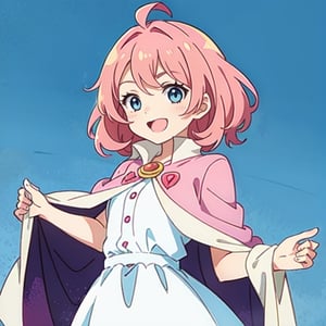 (masterpiece), high quality, 10 year old girl, solo, anime style, medium hair without cap, pink hair, happy look, simple white dress, pink cape, blue eyes, pink aura.