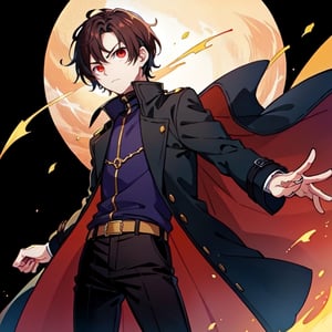 (masterpiece), high quality, 10 year old boy, solo, anime style, short hair, dark brown hair,  serious look, black coat, high-neck trench coat, black pants, red eyes, glowing eyes, red aura.