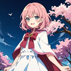 (masterpiece), high quality, 10 year old girl, solo, anime style, medium hair without cap, pink hair, happy look, white dress without details, pink cape, blue eyes, pink aura.