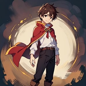 (masterpiece), high quality, 10 year old boy, solo, anime style, short hair, dark brown hair, calm look, little smiling, white villager shirt, gray sleeves, red cape with white, black pants, brown boots, brown eyes dark, standing
