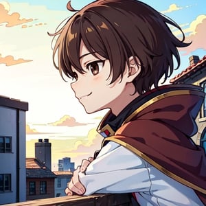 (masterpiece), high quality, 10 year old kid, solo, anime style, profile photo, looking front, only face, short hair, dark brown hair, calm look, smiling, white villager shirt, gray sleeves, red cape with white, black pants, brown boots, brown eyes dark