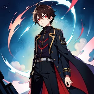 (masterpiece), high quality, 10 year old boy, solo, anime style, short hair, dark brown hair,  serious look, black coat, high-neck trench coat, black pants, red eyes, glowing eyes, red aura.