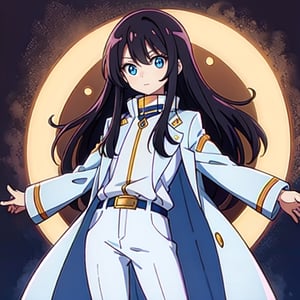 (masterpiece), high quality, 8 year old girl, solo, anime style, long hair, dark brown hair, peaceful look, only white clothes, solo white, plain white coat, plain white turtleneck trench coat, plain white pants,  blue eyes,  glowing eyes, yellow aura