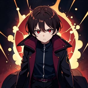 (masterpiece), high quality, 10 year old child, solo, anime style, short hair, dark brown hair,  serious look, black coat, high-neck trench coat, black pants, red eyes, glowing eyes, red aura.