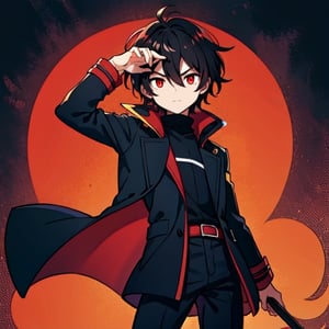 10 year old boy, solo, anime style, short hair, hair between eyes, dark brown hair, serious look, black coat, black turtleneck trench coat, black pants, white skin, red eyes, bright eyes, primary color black, secondary color red