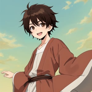 Little boy, dark brown hair, dark brown eyes, happy, medieval clothes, anime style.