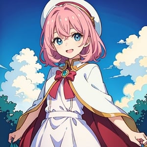 (masterpiece), high quality, 10 year old girl, solo, anime style, medium hair, pink hair, happy look, white dress without details, pink cape, blue eyes, pink aura