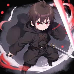 Little boy, dark brown hair, red eyes, serious look, wearing a medieval dark knight costume, a sword, completely black clothing, anime style, with a red aura surrounding the character.