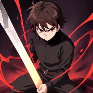 Little boy, dark brown hair, red eyes, serious look, wearing a medieval dark knight costume, a sword, anime style, with a red aura surrounding the character.