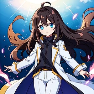 (masterpiece), high quality, 8 year old girl, solo, anime style, long hair, dark brown hair, peaceful look, only white clothes, solo white, plain white coat, plain white turtleneck trench coat, plain white pants,  blue eyes,  glowing eyes, yellow aura