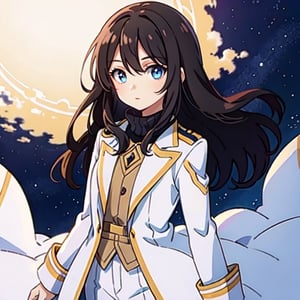 (masterpiece), high quality, 8 year old girl, solo, anime style, long hair, dark brown hair, peaceful look, only white clothes, solo white, plain white coat, plain white turtleneck trench coat, plain white pants,  blue eyes,  glowing eyes, yellow aura