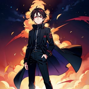 (masterpiece), high quality, 10 year old boy, solo, anime style, short hair, dark brown hair,  serious look, black coat, high-neck trench coat, black pants, red eyes, glowing eyes, red aura.