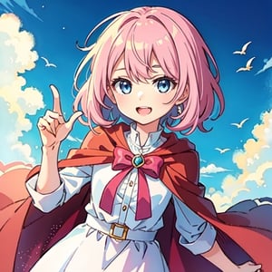 (masterpiece), high quality, 10 year old girl, solo, anime style, medium hair without cap, pink hair, happy look, white dress without details, pink cape, blue eyes, pink aura.