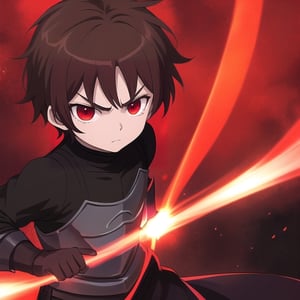 Little boy, dark brown hair, red eyes, serious look, wearing a medieval dark knight costume, anime style, with a red aura surrounding the character.