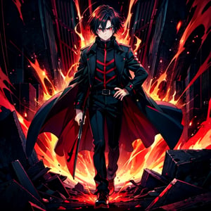 (masterpiece), high quality, 1 little kid, solo, anime style, very short hair, dark brown hair,  serious look, black coat, high-neck trench coat, black pants, red eyes, glowing eyes, red aura.