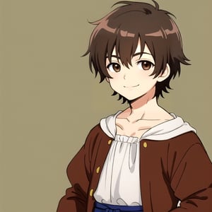 Little boy, dark brown hair, dark brown eyes, smiling slightly, medieval clothing, anime style.