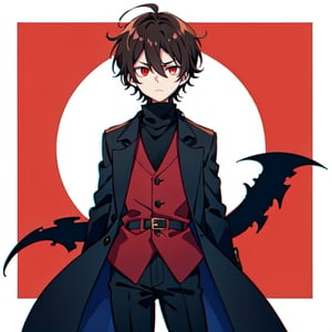 10 year old boy, solo, anime style, short hair, hair between eyes, dark brown hair, serious look, black coat, black turtleneck trench coat, black pants, white skin, red eyes, bright eyes, primary color black, secondary color red, white background