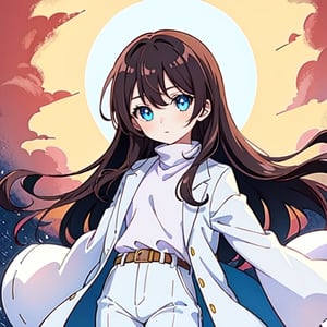 (masterpiece), high quality, 8 year old girl, solo, anime style, long hair, dark brown hair, peaceful look, only white clothes, plain white coat, plain white turtleneck trench coat, plain white pants,  blue eyes,  glowing eyes, yellow aura