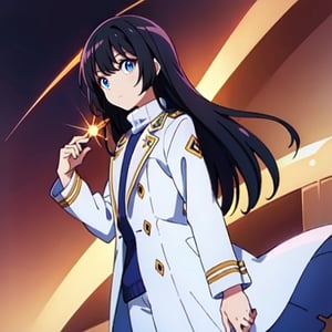 (masterpiece), high quality, 8 year old girl, solo, anime style, long hair, dark brown hair, peaceful look, only white clothes, solo white, plain white coat, plain white turtleneck trench coat, plain white pants,  blue eyes,  glowing eyes, yellow aura