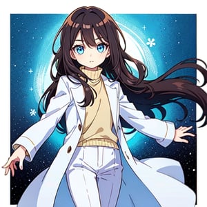 (masterpiece), high quality, 8 year old girl, solo, anime style, long hair, dark brown hair, peaceful look, all white clothing, plain white coat, plain white turtleneck trench coat, plain white pants,  blue eyes,  glowing eyes, yellow aura