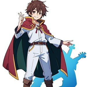 (masterpiece), high quality, 10 year old kid, solo, anime style, short hair, dark brown hair, calm look, smiling, white villager shirt, gray sleeves, red cape with white, black pants, brown boots, brown eyes dark, standing,SHADOW