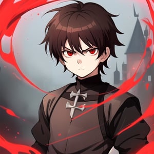 Little boy, dark brown hair, red eyes, serious look, wearing a medieval dark knight costume, anime style, with a red aura surrounding the character.