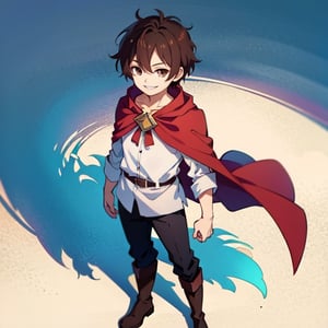 (masterpiece), high quality, 10 year old kid, solo, anime style, short hair, dark brown hair, calm look, smiling, white villager shirt, gray sleeves, red cape with white, black pants, brown boots, brown eyes dark, standing,SHADOW