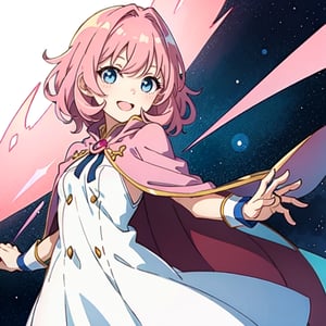 (masterpiece), high quality, 10 year old girl, solo, anime style, medium hair, pink hair, happy look, white dress, pink cape, blue eyes, pink aura