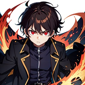 (masterpiece), high quality, 10 year old boy, solo, anime style, short hair, dark brown hair,  serious look, black coat, high-neck trench coat, black pants, red eyes, glowing eyes, red aura.