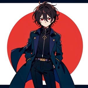 10 year old boy, solo, anime style, short hair, hair between eyes, dark brown hair, serious look, black coat, black turtleneck trench coat, black pants, white skin, red eyes, bright eyes, primary color black, secondary color red