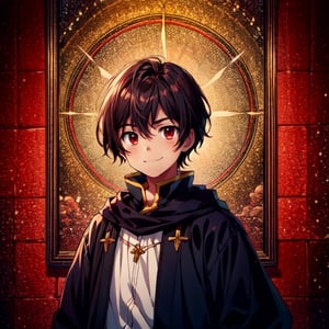 (masterpiece), high quality, 1 little kid, male, solo, anime style, very short hair, dark brown hair,   smile, white and red medieval boy clothes.