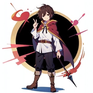 (masterpiece), high quality, 10 year old kid, solo, anime style, short hair, dark brown hair, calm look, smiling, white villager shirt, gray sleeves, red cape with white, black pants, brown boots, brown eyes dark, standing,SHADOW