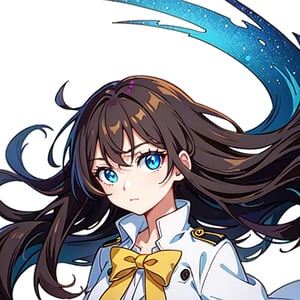 (masterpiece), high quality, 10 year old girl, solo, anime style, long hair, dark brown hair, peaceful look, white dress, high collar trench coat, blue eyes, glowing eyes, yellow aura