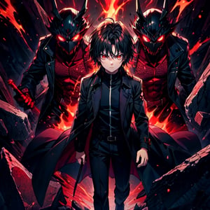 (masterpiece), high quality, 1 little kid, solo, anime style, very short hair, dark brown hair,  serious look, black coat, high-neck trench coat, black pants, red eyes, glowing eyes, red aura.