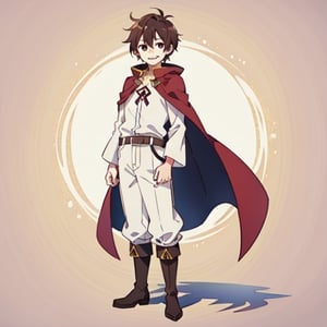 (masterpiece), high quality, 10 year old boy, solo, anime style, short hair, dark brown hair, calm look, little smiling, white villager shirt, gray sleeves, red cape with white, black pants, brown boots, brown eyes dark, standing,SHADOW
