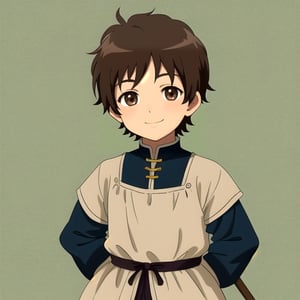 Little boy, dark brown hair, dark brown eyes, smiling slightly, medieval clothing, anime style.