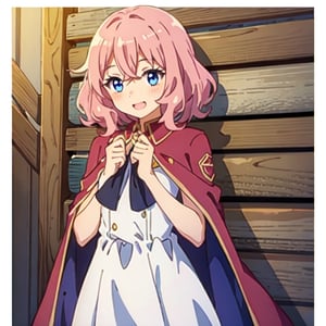 (masterpiece), high quality, 10 year old girl, solo, anime style, medium hair without cap, pink hair, happy look, white dress without details, pink cape, blue eyes, pink aura