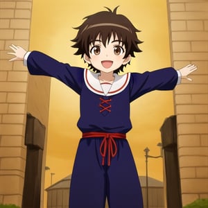 Little boy, dark brown hair, dark brown eyes, happy, medieval clothes, anime style.