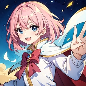 (masterpiece), high quality, 10 year old girl, solo, anime style, medium hair without cap, pink hair, happy look, white dress without details, pink cape, blue eyes, pink aura.