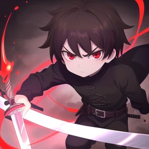 Little boy, dark brown hair, red eyes, serious look, wearing a medieval dark knight costume, a sword, completely black clothing, anime style, with a red aura surrounding the character.